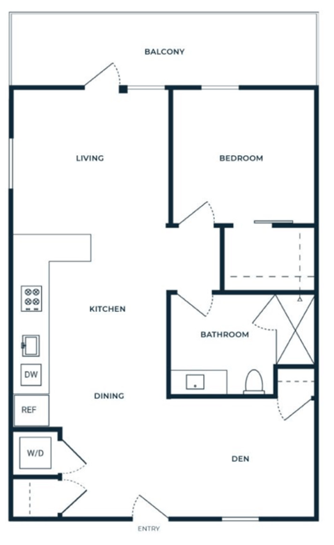 Floor plan for 1 bed, 1 bath, 918 sqft
